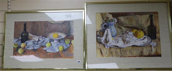 G. Weissbort, two oils on card, still lifes of fruit and bottles, signed and dated 1951 and 1952, 15 x 20.5in. and 12.5 x 20.5in.